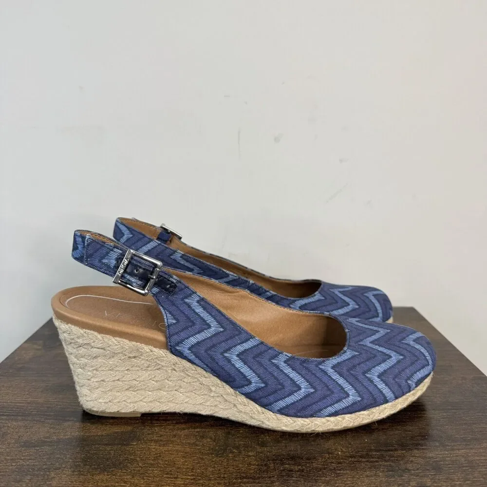 Vionic Coralina Canvas Espadrille Wedge Sandals Size 9.5 Navy Chevron